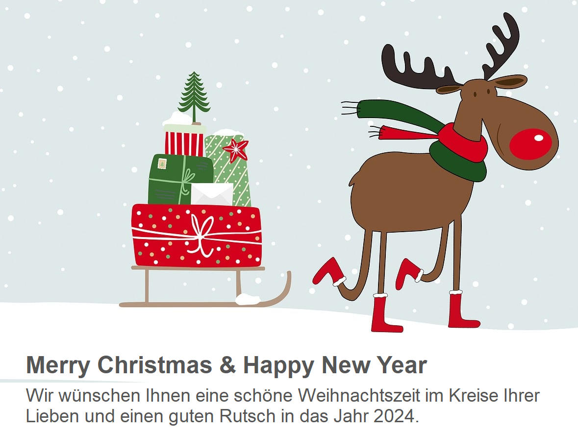 Ein Rentier mit Geschenken feiert Weihnachten in winterlicher Landschaft.